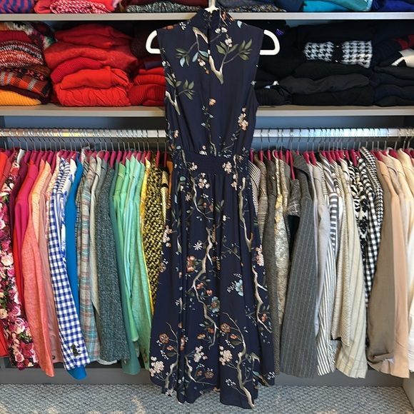 Nanette Lepore navy/pink floral elastic waistband hi low midi dress size 2 - Picture 3 of 3